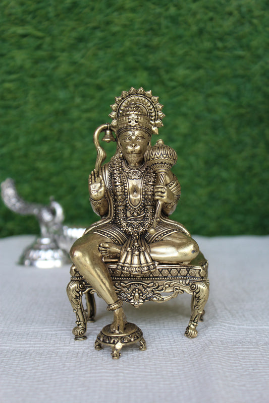 Brass Hanuman Ji Sitting On Throne | Majestic Idol Of Lord Hanuman For Home Temple & Gifting (5.25 inch)