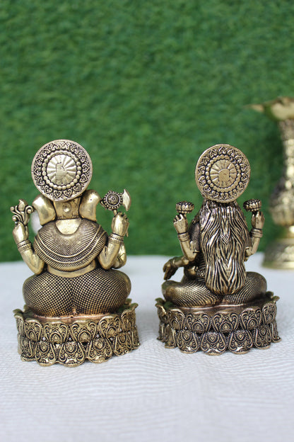 Brass Lakshmi Ganesh Idol on Lotus | Goddess of Wealth & Lord of Wisdom | Rigvedaa™ (4.00 inch)