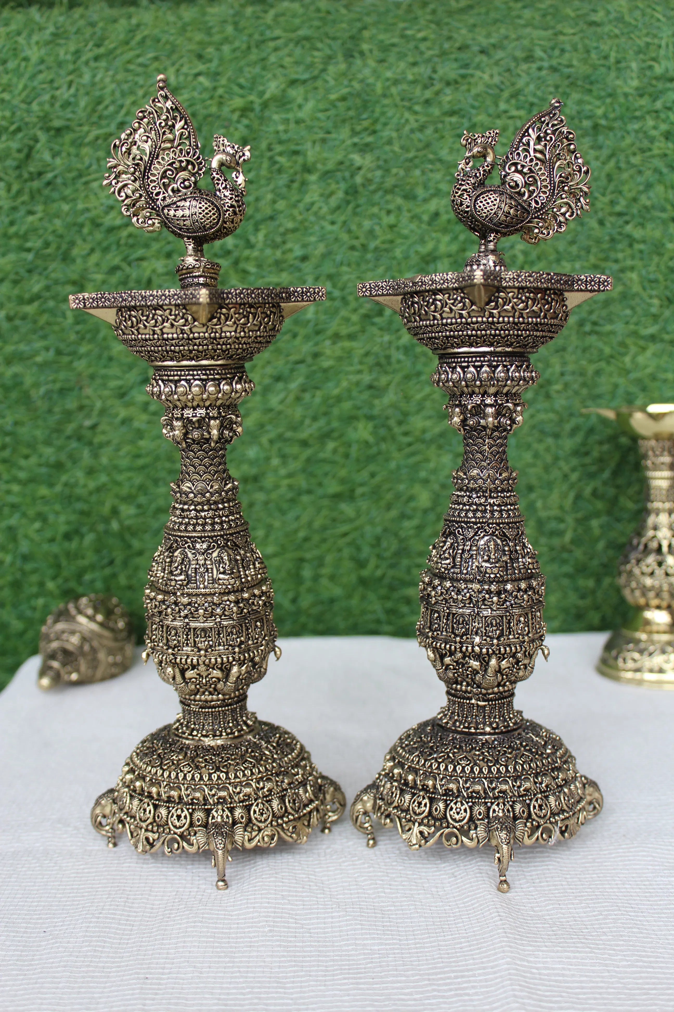 Annam Pakshi Samai Diya Pair | Brass Swan Lamp | Traditional Diya Stand | Pooja Decor - 12 inches