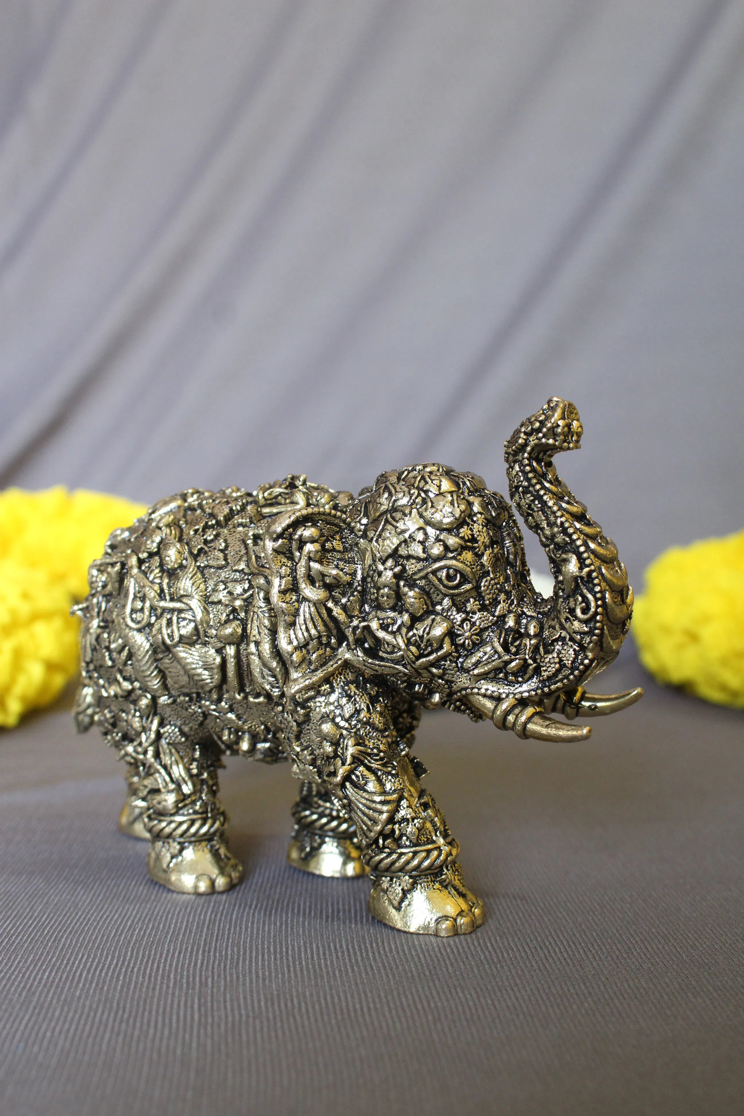 Radha Krishna Brass Elephant Statue | Decorative Hathi with Divine Murals for Puja & Decor