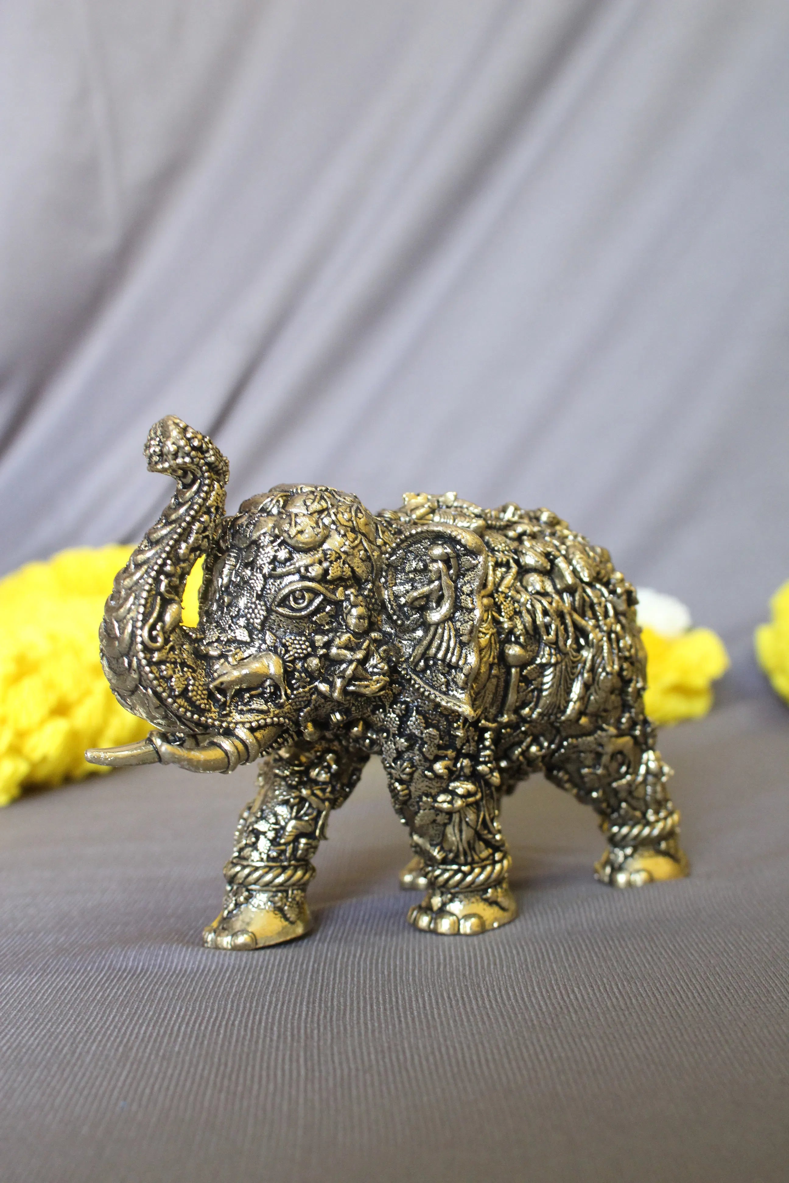 Radha Krishna Brass Elephant Statue | Decorative Hathi with Divine Murals for Puja & Decor