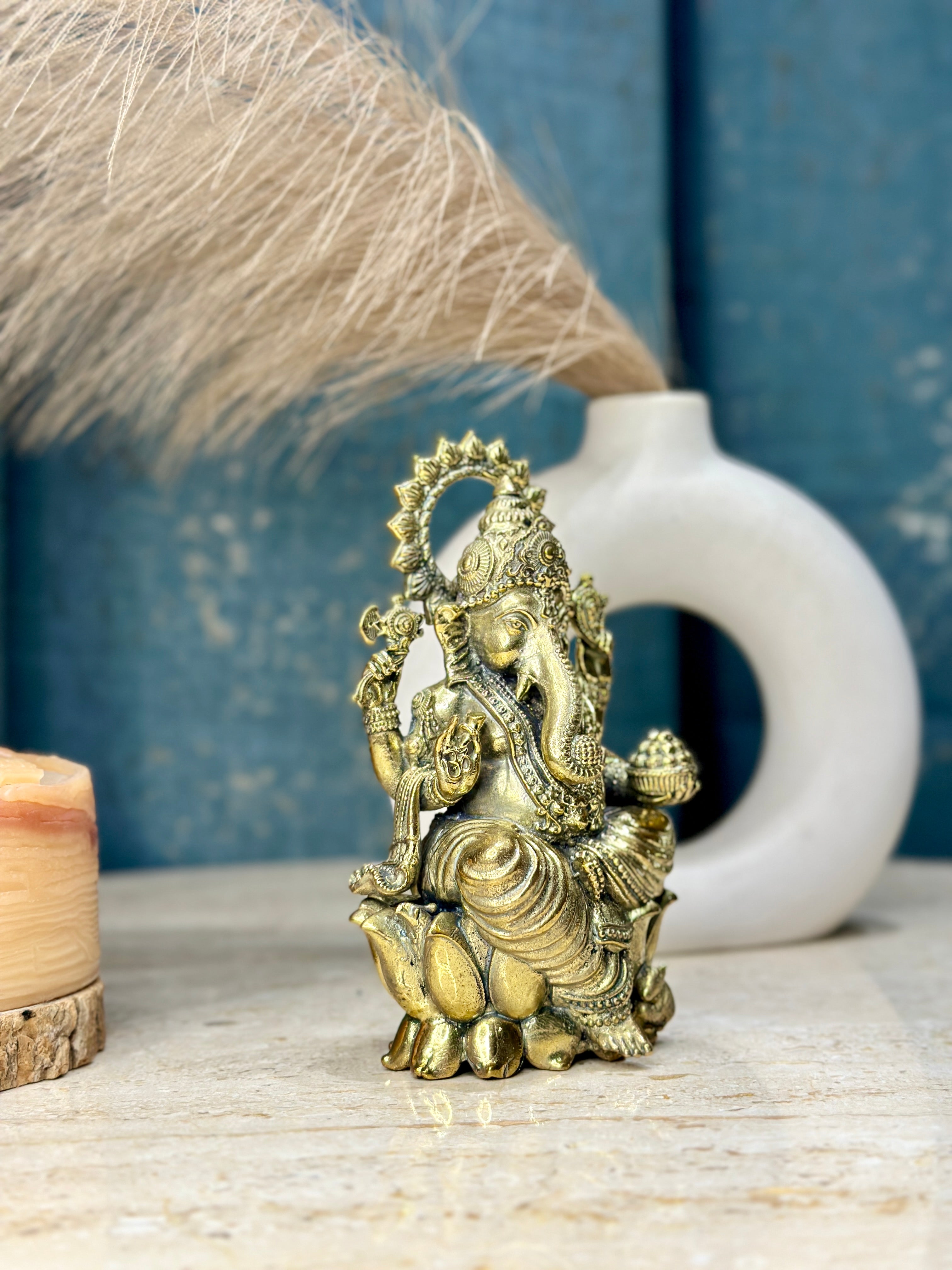 Lord Ganesha Brass Murti Sitting on Kamal | Lotus Brass Idol for Blessings & Prosperity