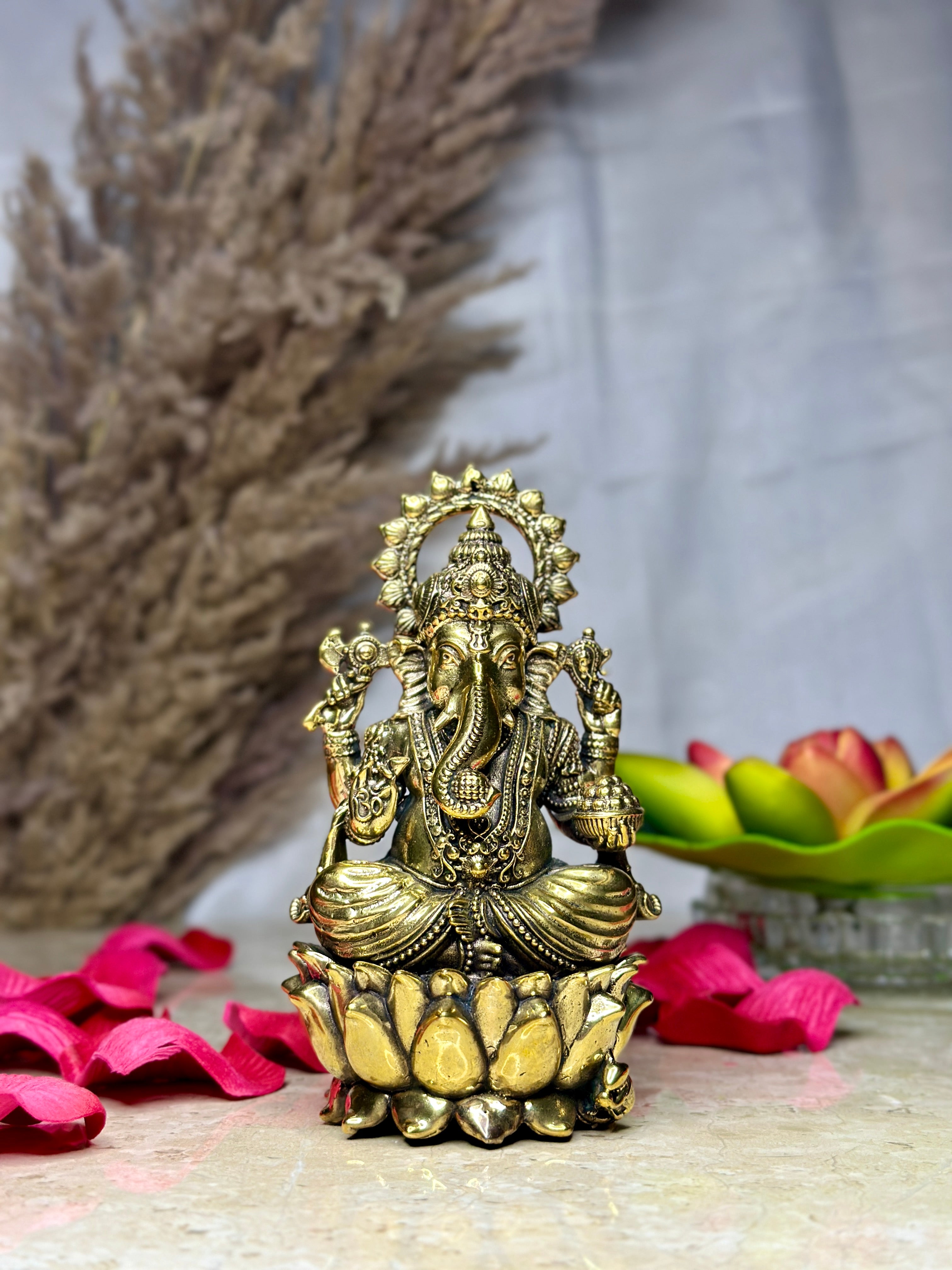 Lord Ganesha Brass Murti Sitting on Kamal | Divine Lotus Idol for Prosperity & Wisdom