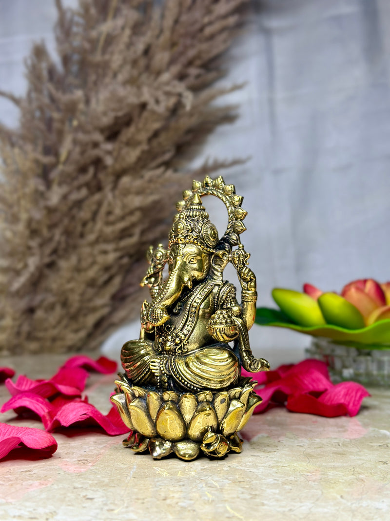 Lord Ganesha Brass Murti Sitting on Kamal | Divine Lotus Idol for Prosperity & Wisdom