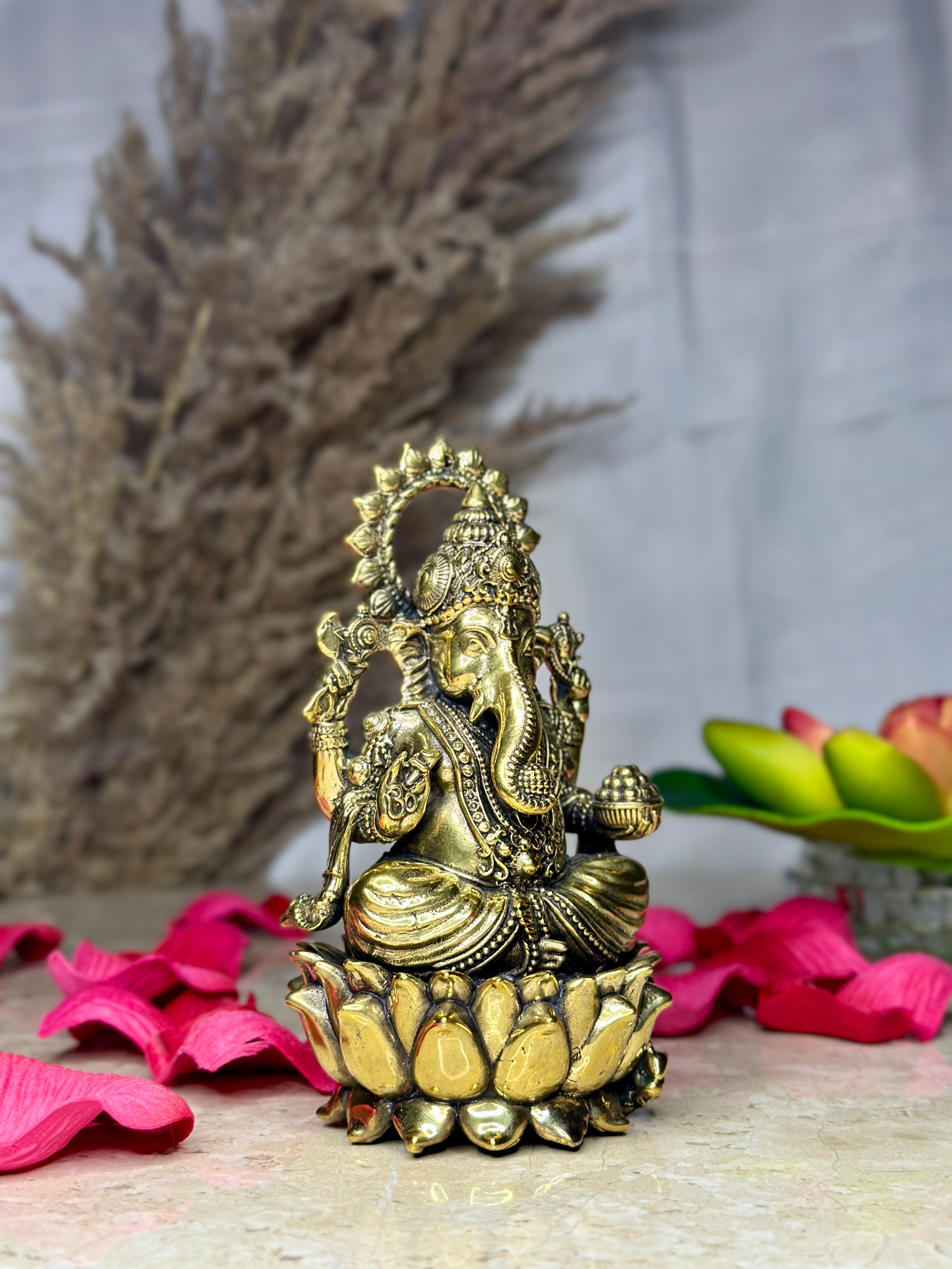 Lord Ganesha Brass Murti Sitting on Kamal | Divine Lotus Idol for Prosperity & Wisdom