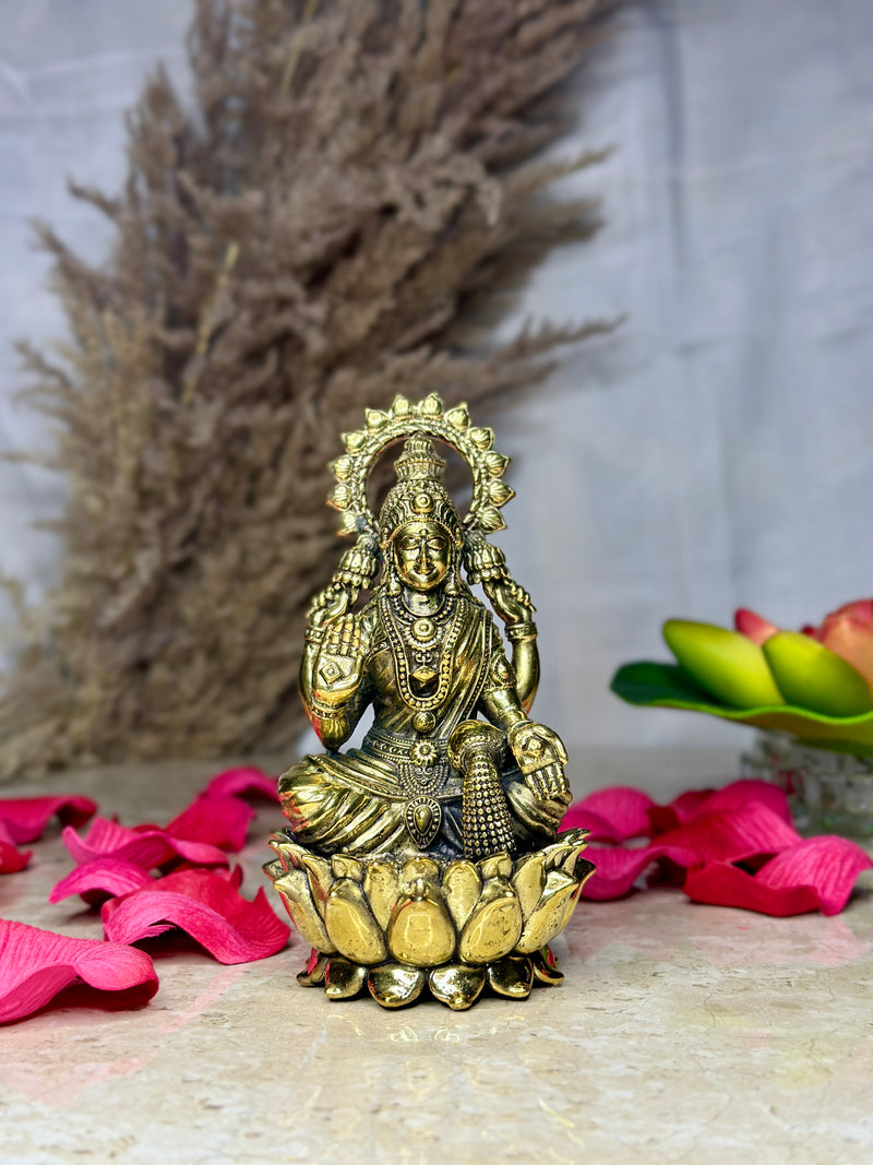 Goddess Laxmi Brass Murti Sitting on Kamal | Lotus Idol for Abundance & Auspiciousness