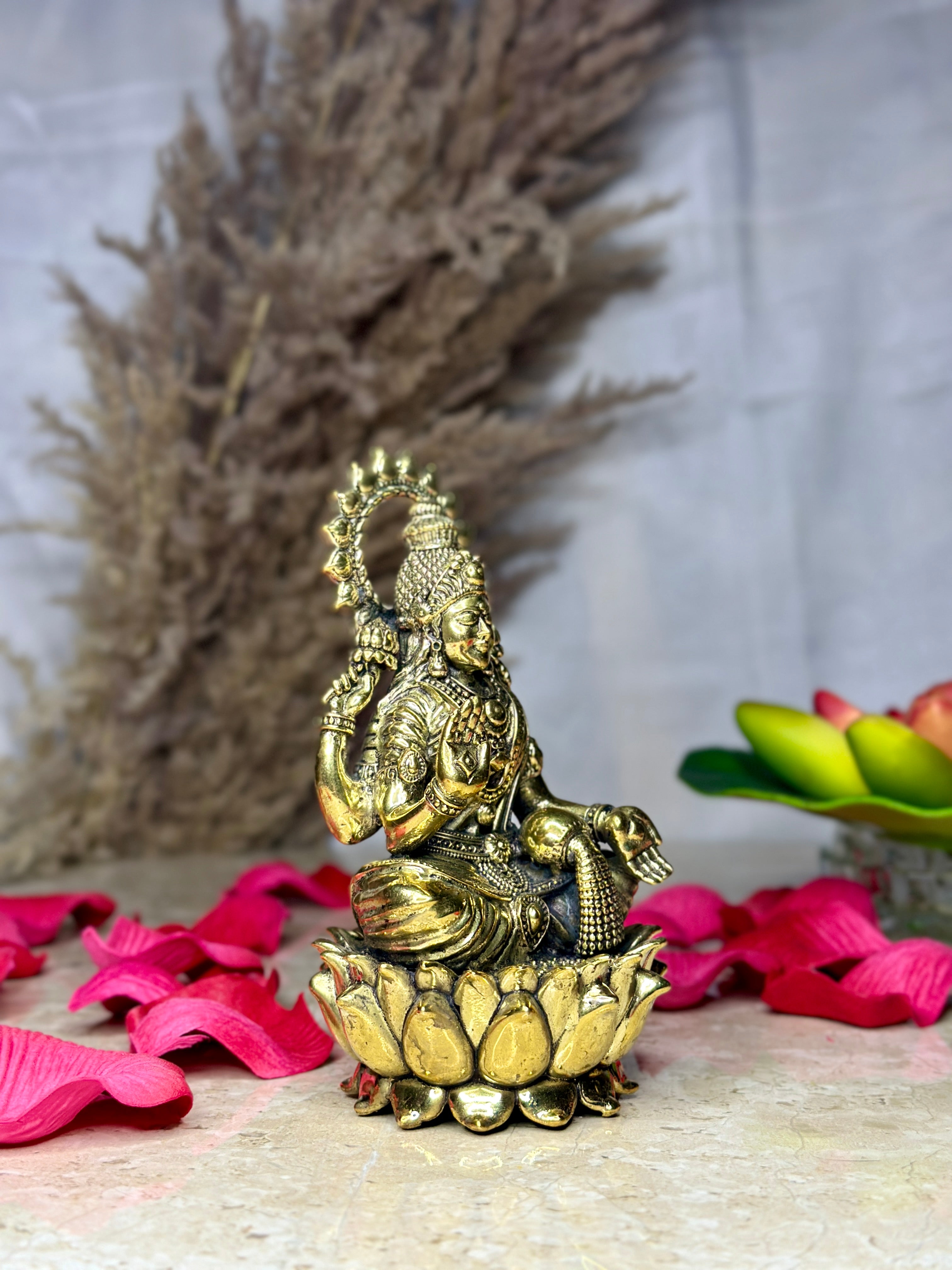 Goddess Laxmi Brass Murti Sitting on Kamal | Lotus Idol for Abundance & Auspiciousness