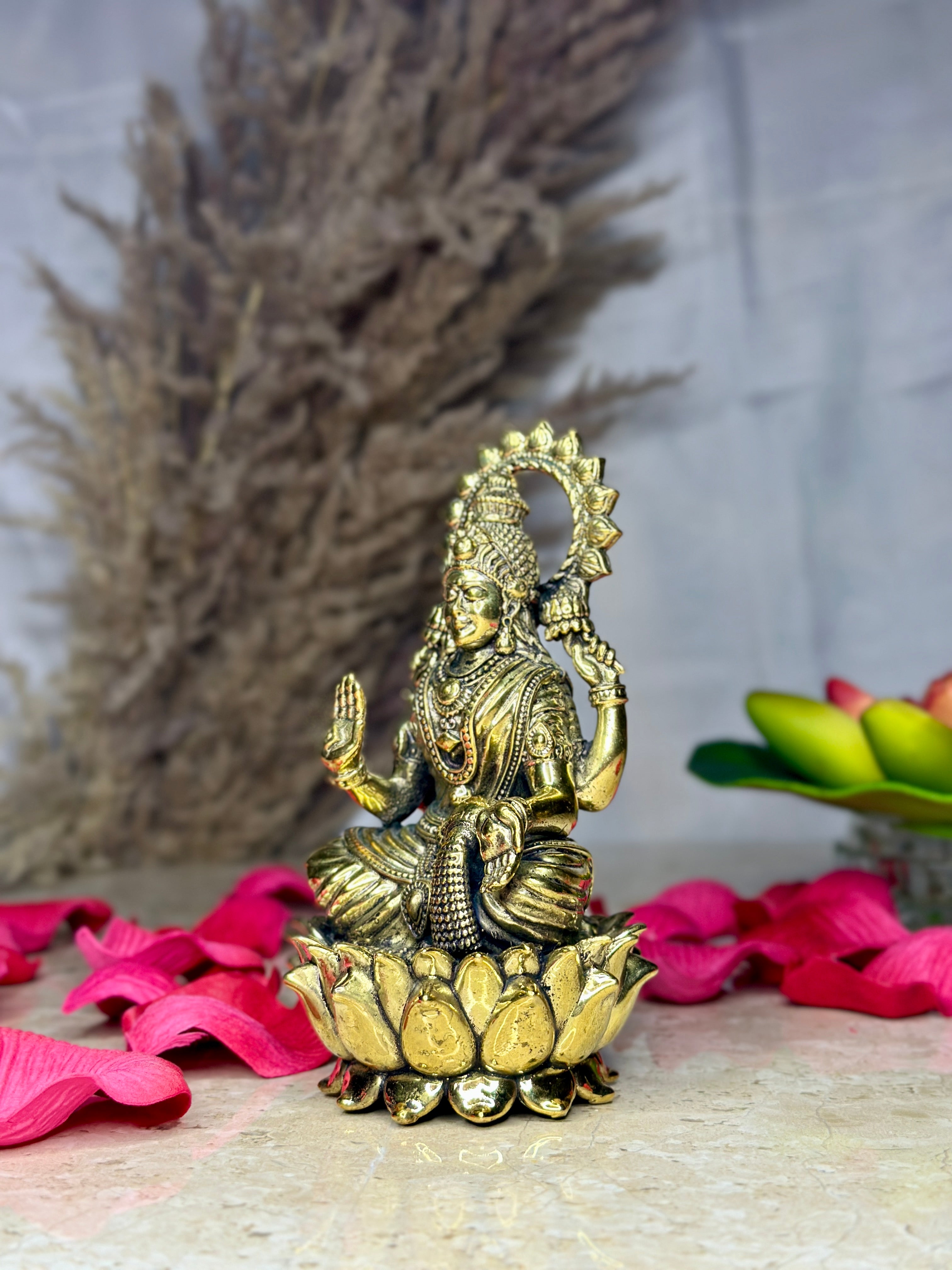 Goddess Laxmi Brass Murti Sitting on Kamal | Lotus Idol for Abundance & Auspiciousness
