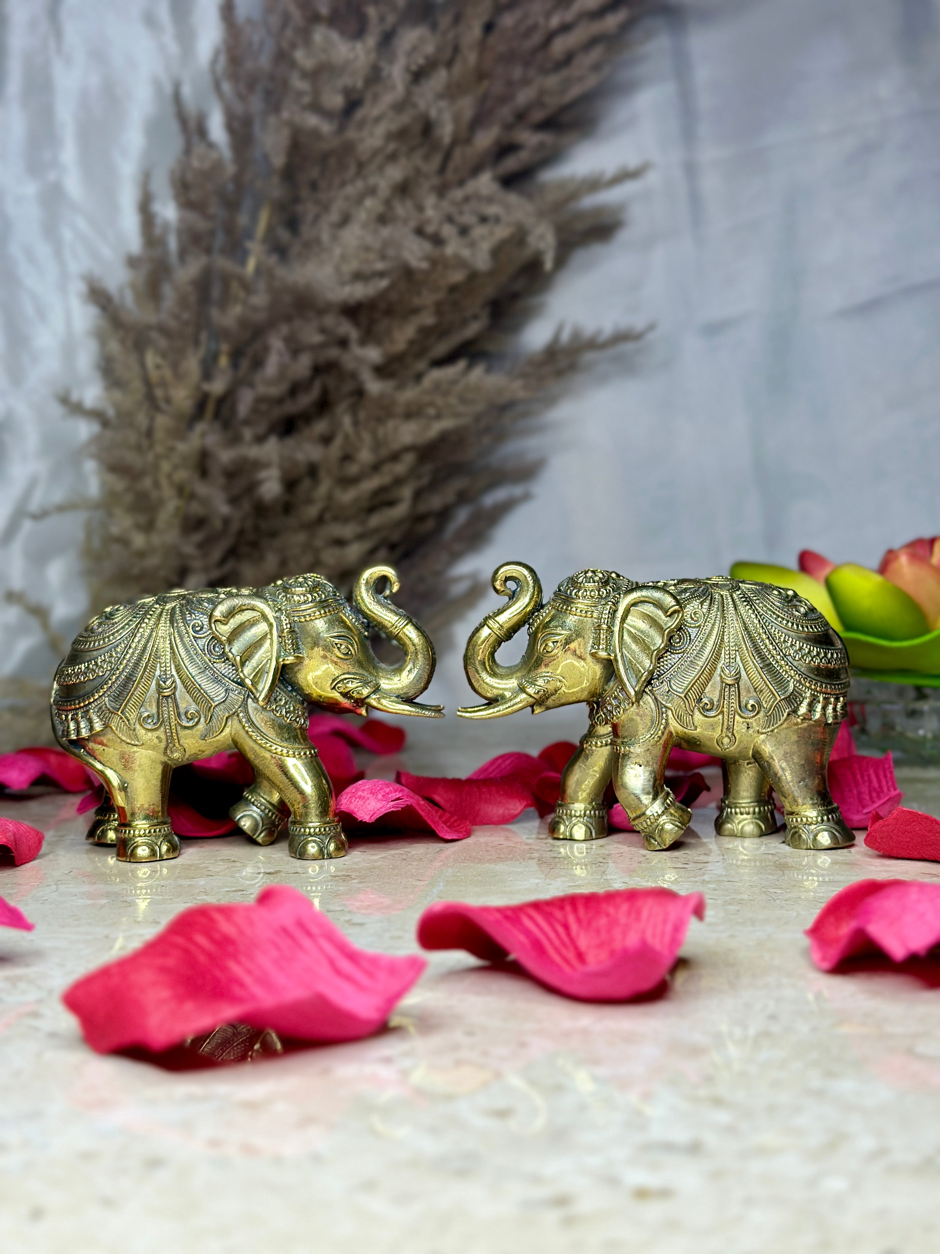 Brass Vastu Elephant Murti Pair | Trunk Up Idol for Good Luck, Prosperity & Strength