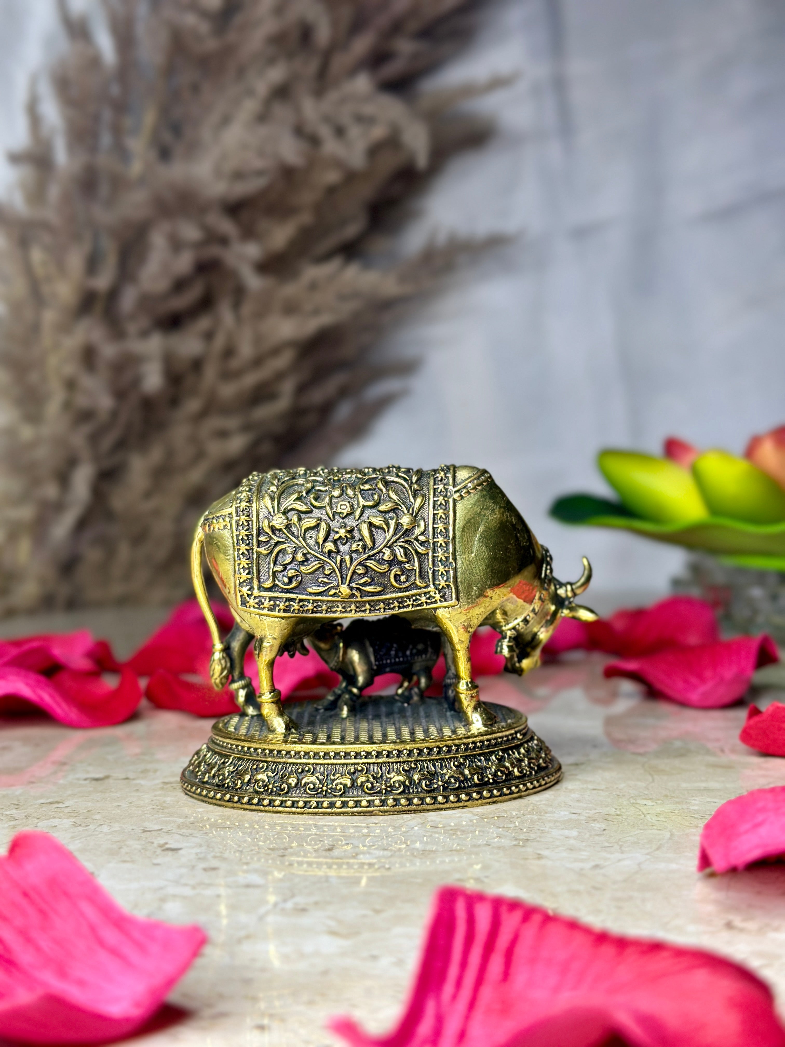 Cow & Calf Brass Murti | Kamdhenu Idol for Home, Temple & Gifts