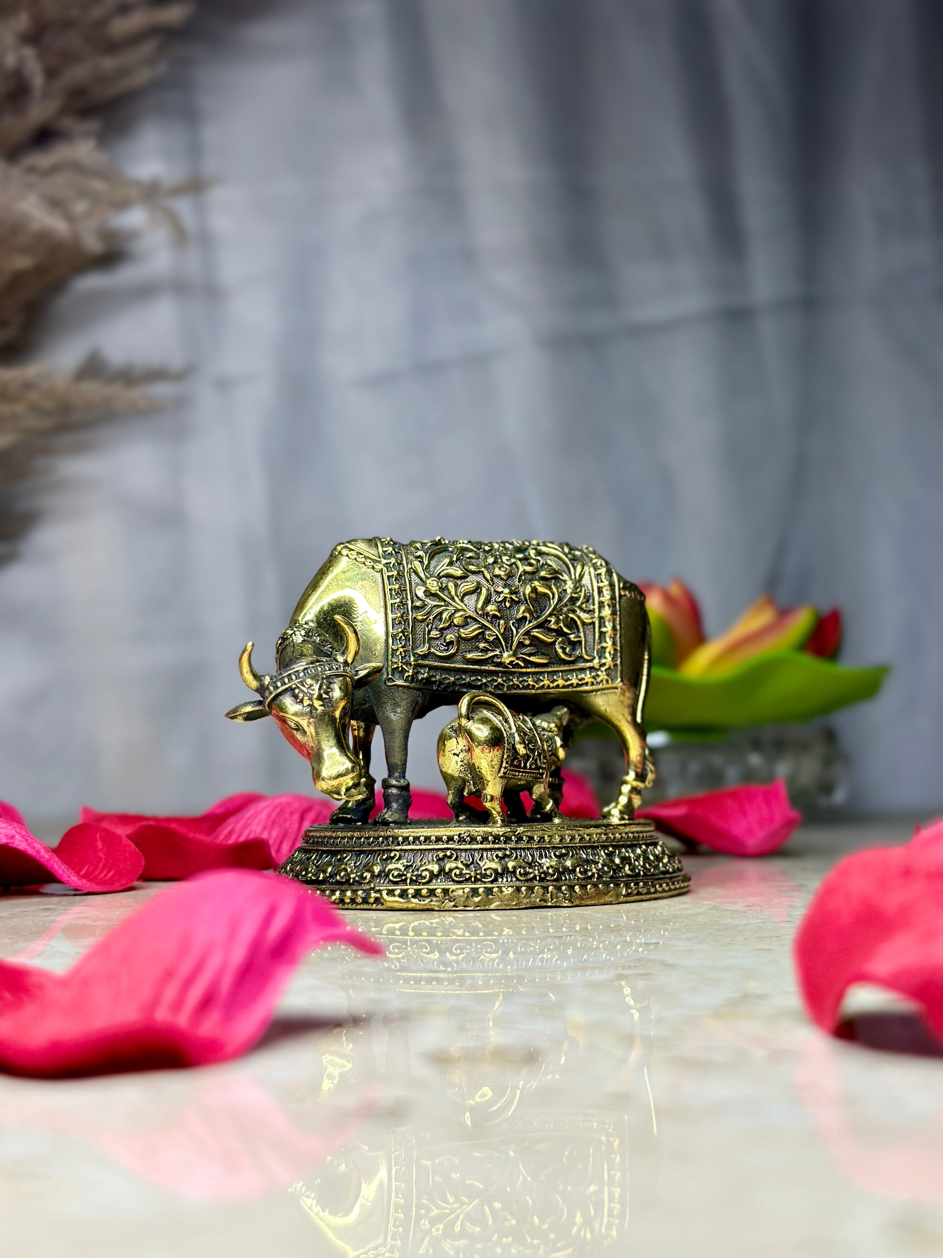Cow & Calf Brass Murti | Kamdhenu Idol for Home, Temple & Gifts