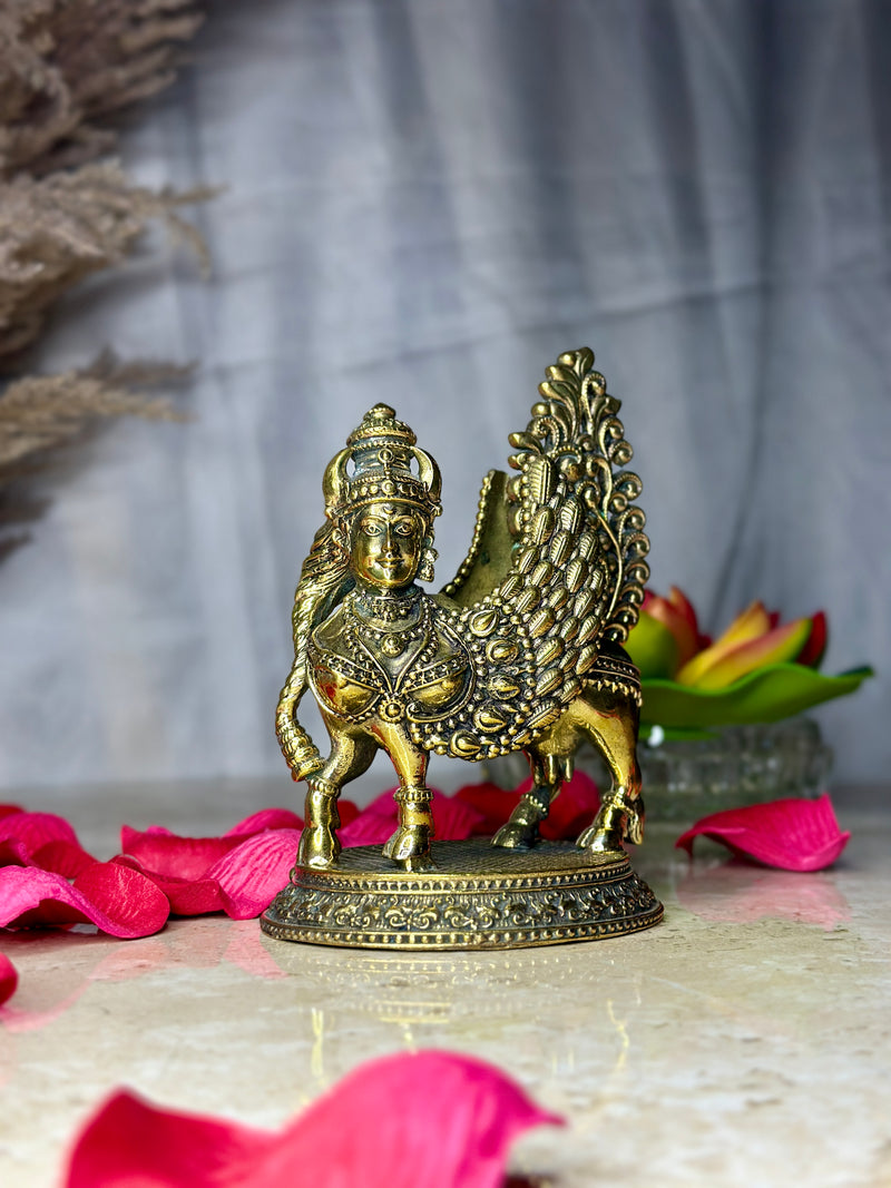 Brass Kamdhenu Cow Idol with Goddess Face | Rigvedaa™
