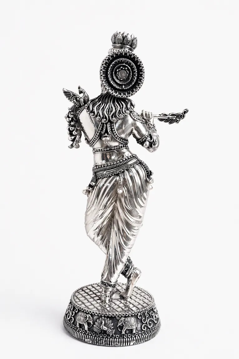 Silver Plated Brass Krishna Statue 18" | Standing Murti – Rigvedaa™