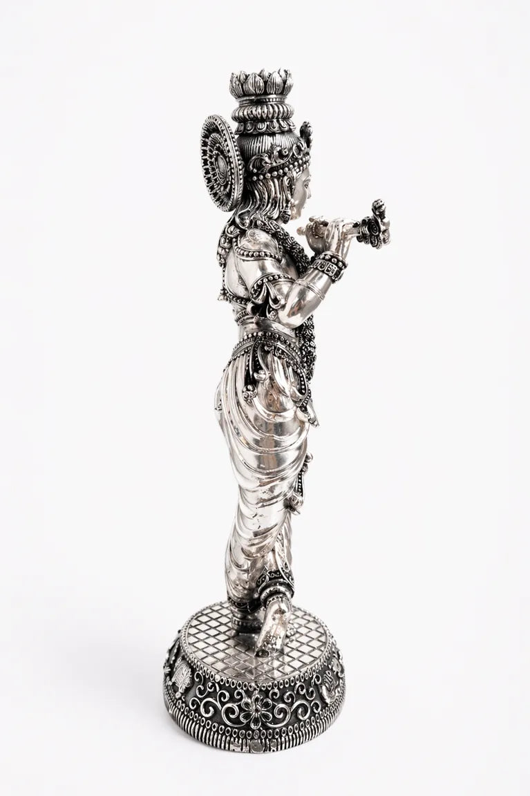 Silver Plated Brass Krishna Statue 18" | Standing Murti – Rigvedaa™