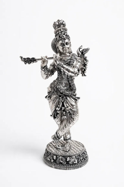 Silver Plated Brass Krishna Statue 18" | Standing Murti – Rigvedaa™