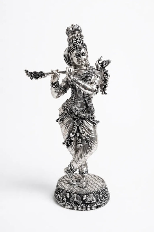 Silver Plated Brass Krishna Statue 18" | Standing Murti – Rigvedaa™
