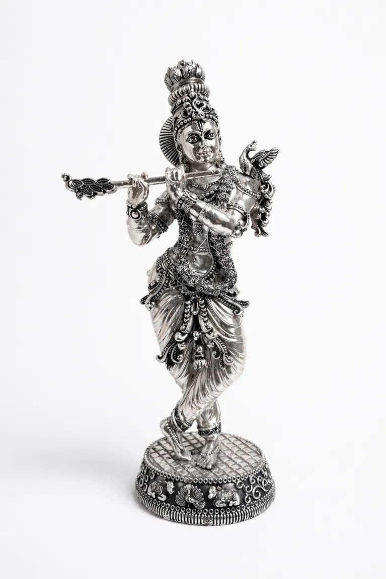 Silver Plated Brass Krishna Statue 18" | Standing Murti – Rigvedaa™