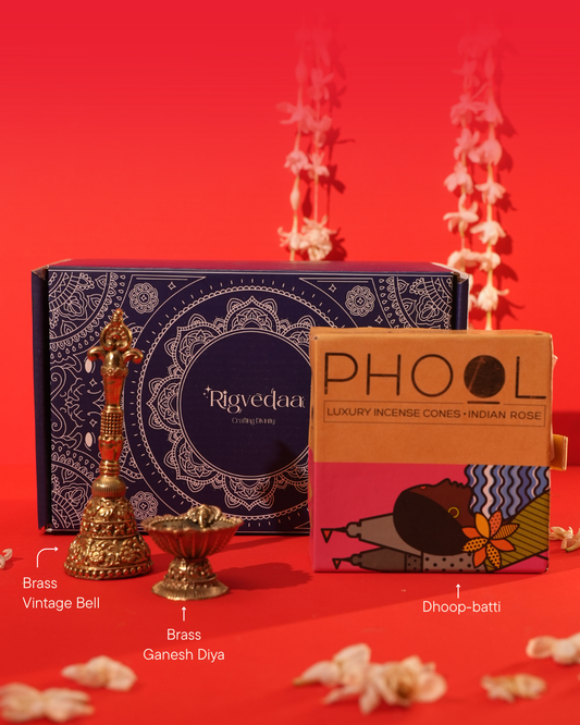 Shagun Festive Gift Hamper with Vintage Brass Bell , Ganesh Diya & Dhoop batti | Rigvedaa™