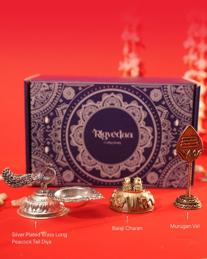 Virasat Festive Gift Hamper with Peacock Diya, Charan & Vel | Rigvedaa™