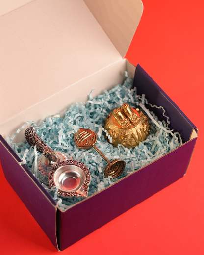Virasat Festive Gift Hamper with Peacock Diya, Charan & Vel | Rigvedaa™