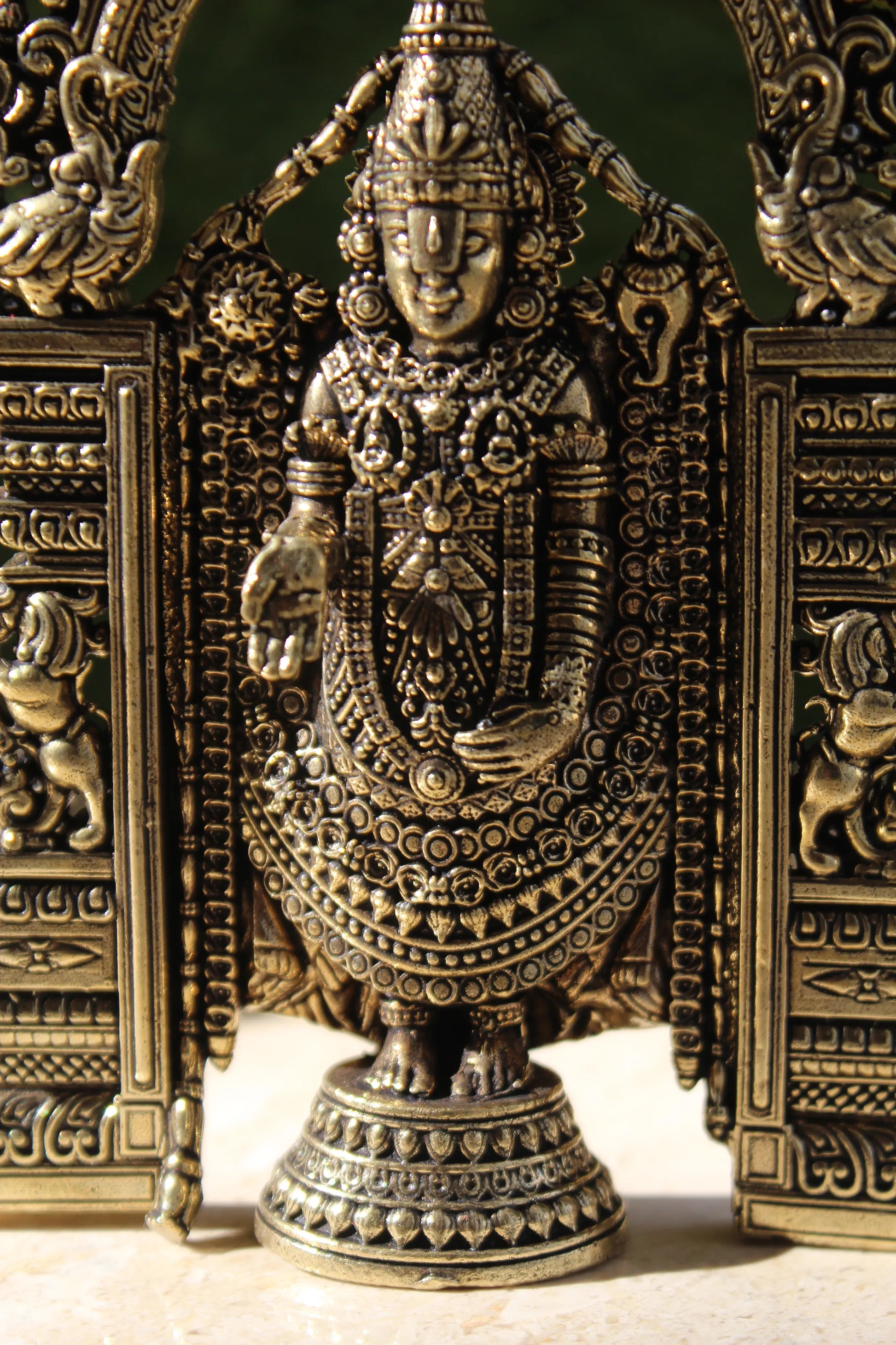 Tirupati Balaji Brass Idol Front View - Lord Venkateswara Divine Sculpture with Ornate Detailing