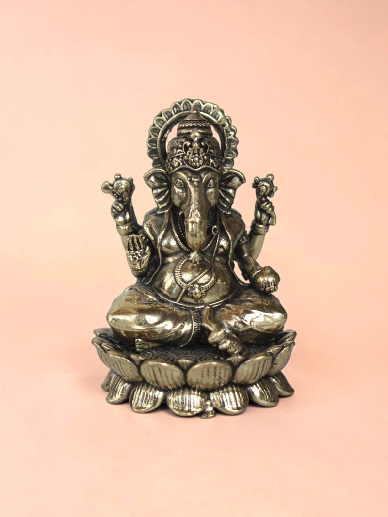 Brass Laxmi Ganesha Murti Set on Lotus Base (3 Inch) | Rigvedaa™