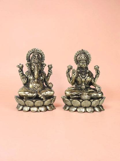Brass Laxmi Ganesha Murti Set on Lotus Base (3 Inch) | Rigvedaa™