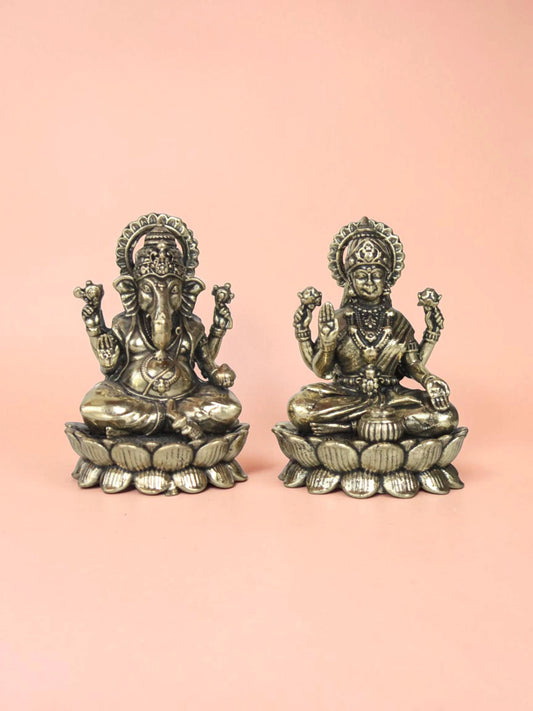 Brass Laxmi Ganesha Murti Set on Lotus Base (3 Inch) | Rigvedaa™