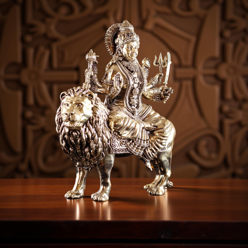 Brass Goddess Durga Seated on Lion Idol (12") | Rigvedaa™