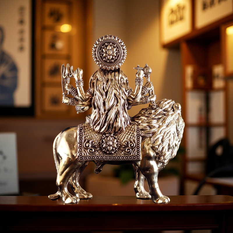 Brass Goddess Durga Seated on Lion Idol (12") | Rigvedaa™