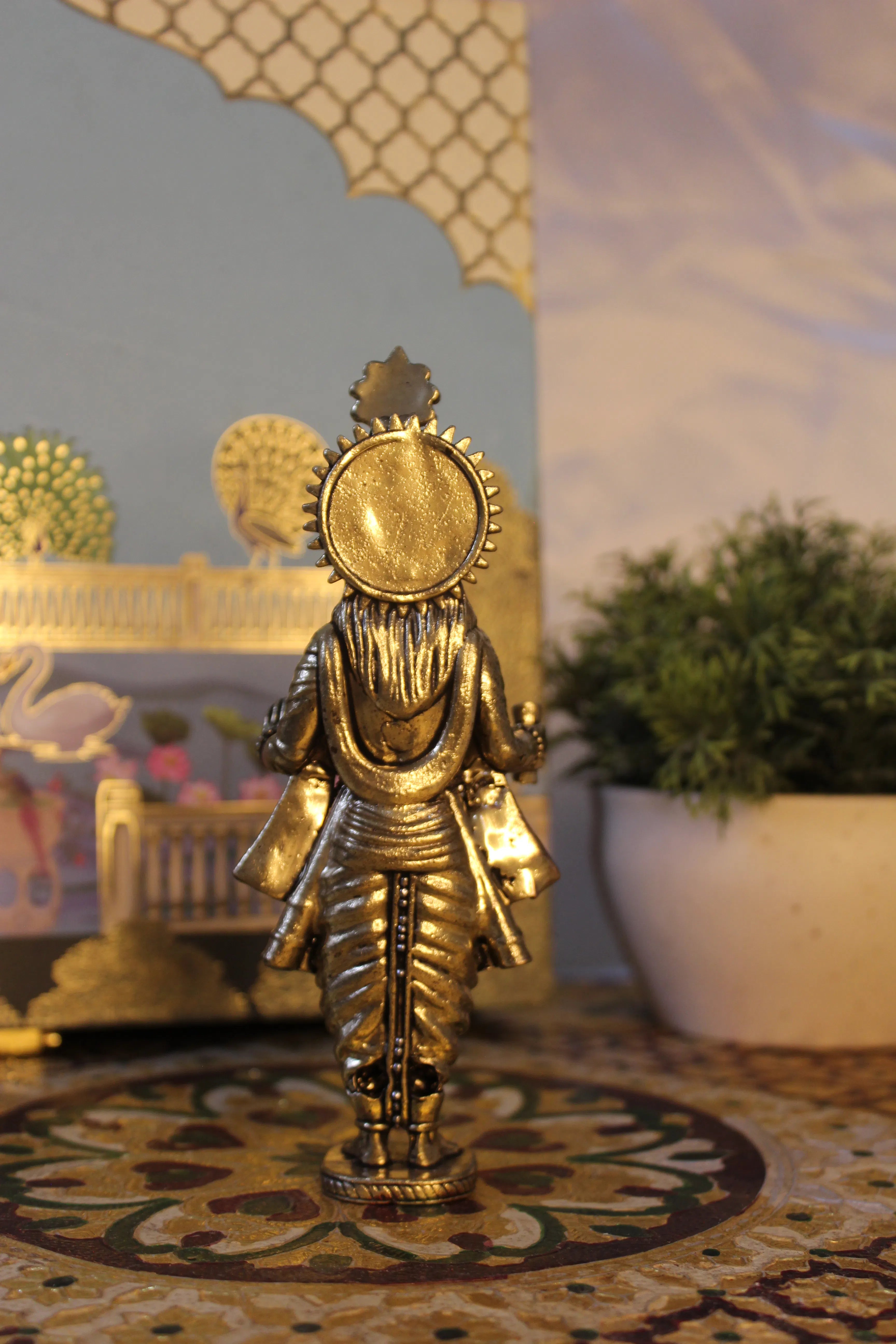 Brass Narayan Swami deity idol with large ornamental sun disc halo and back view detail