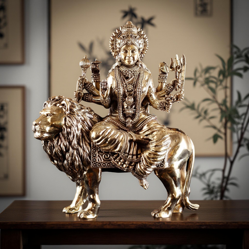 Brass Goddess Durga Seated on Lion Idol (12") | Rigvedaa™