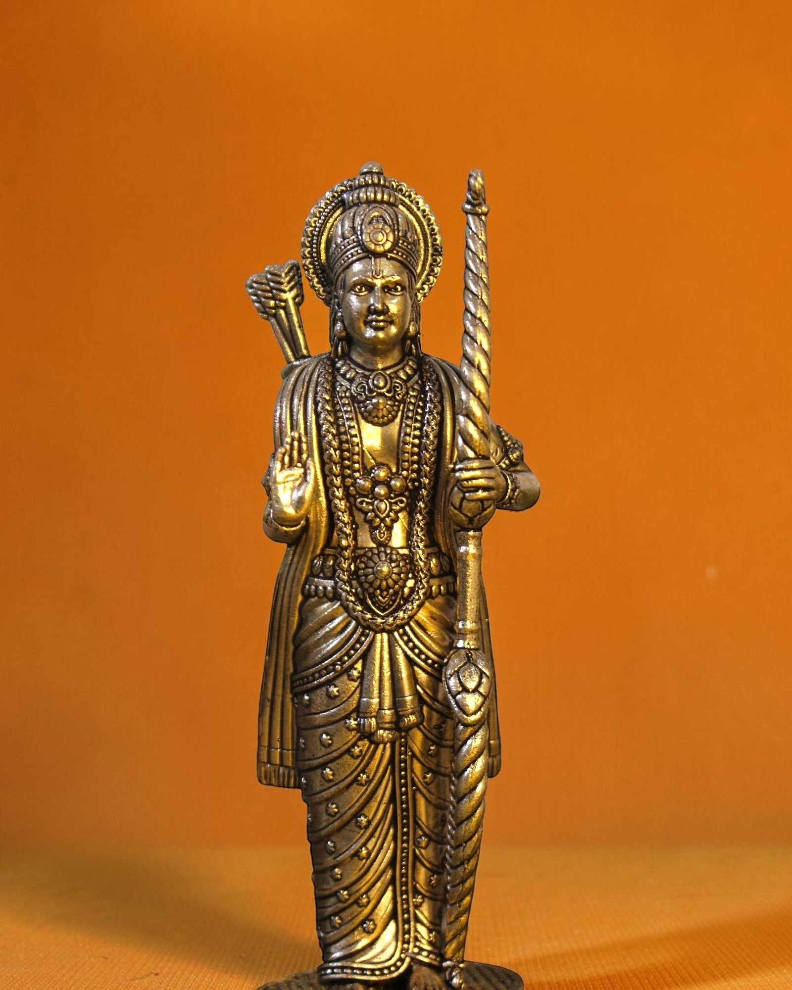 Rigvedaa

Antique brass Ram Darbar idol set, 7 inch. Depicts Lord Ram, Sita, Lakshman, and Hanuman in traditional attire with intricate detailing.