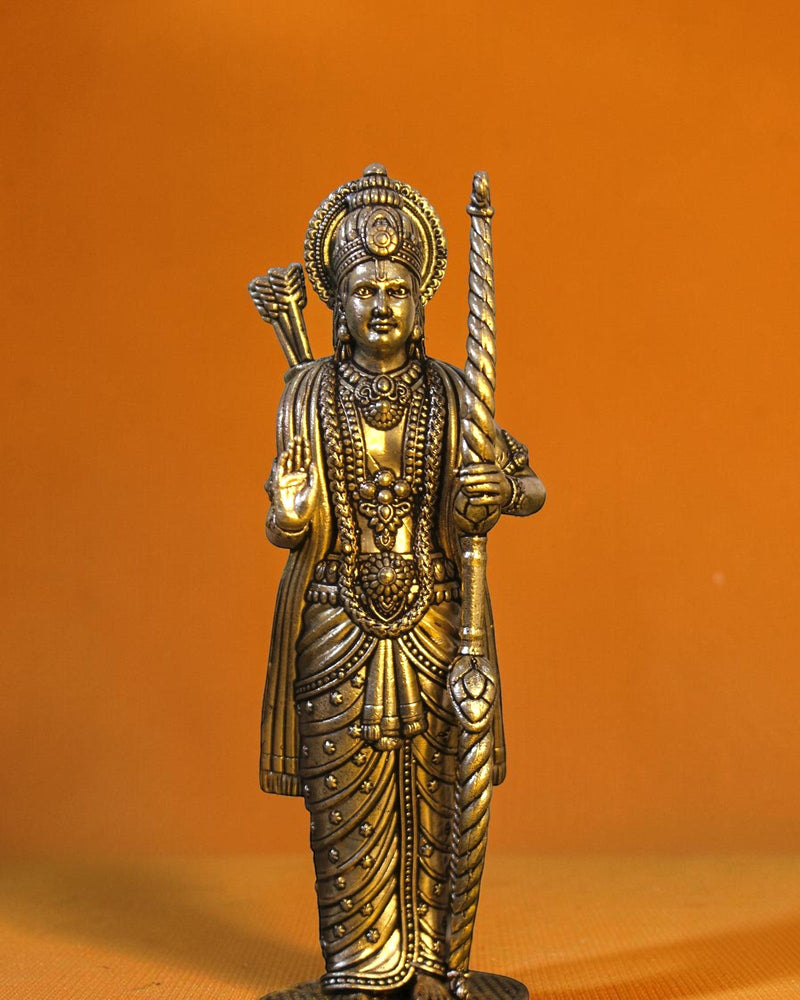 Rigvedaa

Antique brass Ram Darbar idol set, 7 inch. Depicts Lord Ram, Sita, Lakshman, and Hanuman in traditional attire with intricate detailing.