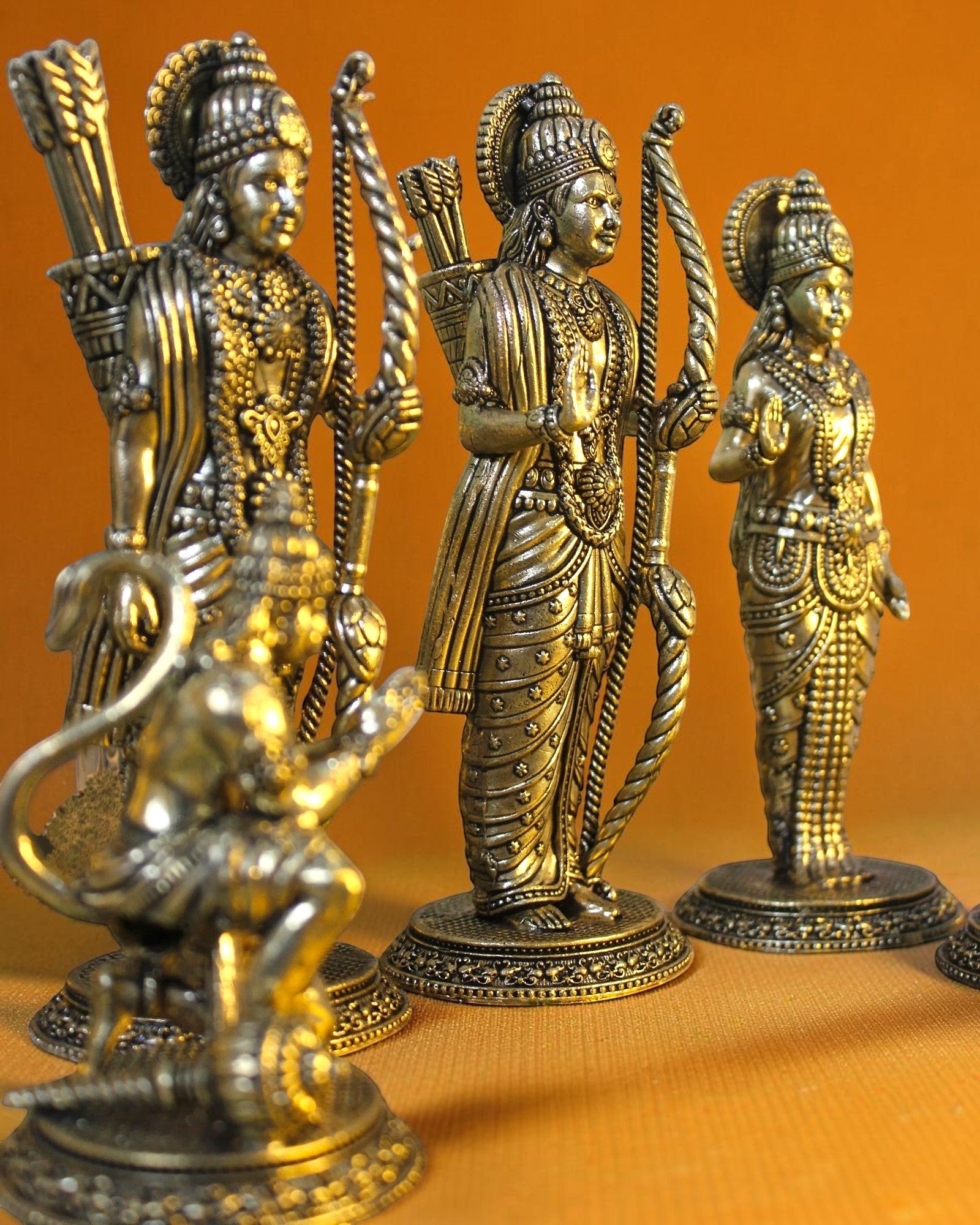 Rigvedaa™ antique brass Ram Darbar idol set with Ram, Sita, Lakshman, and Hanuman figures. 7 inch height.