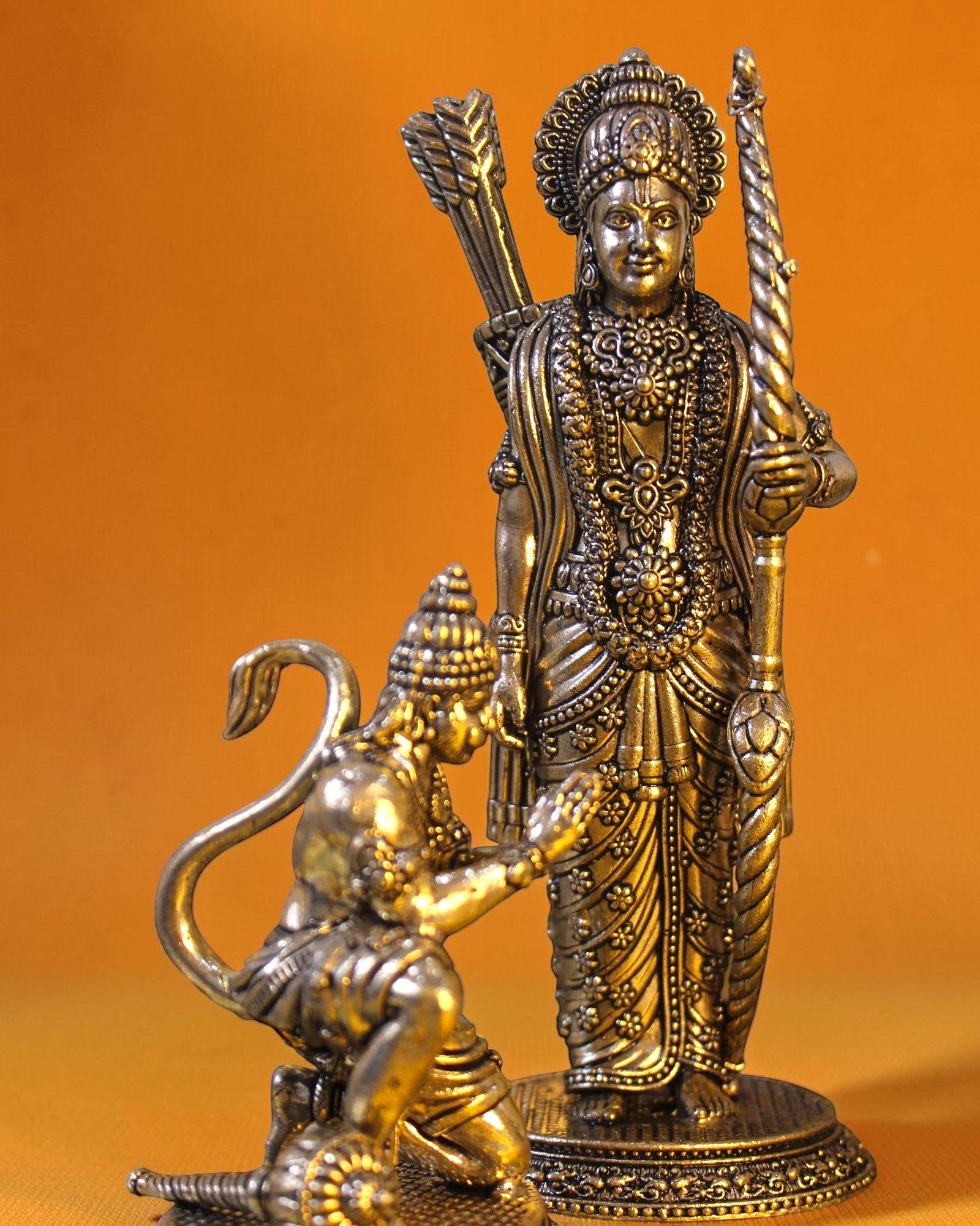 Rigvedaa

Antique brass Ram Darbar idol set with Ram, Sita, Lakshman, and Hanuman. 7 inch height.