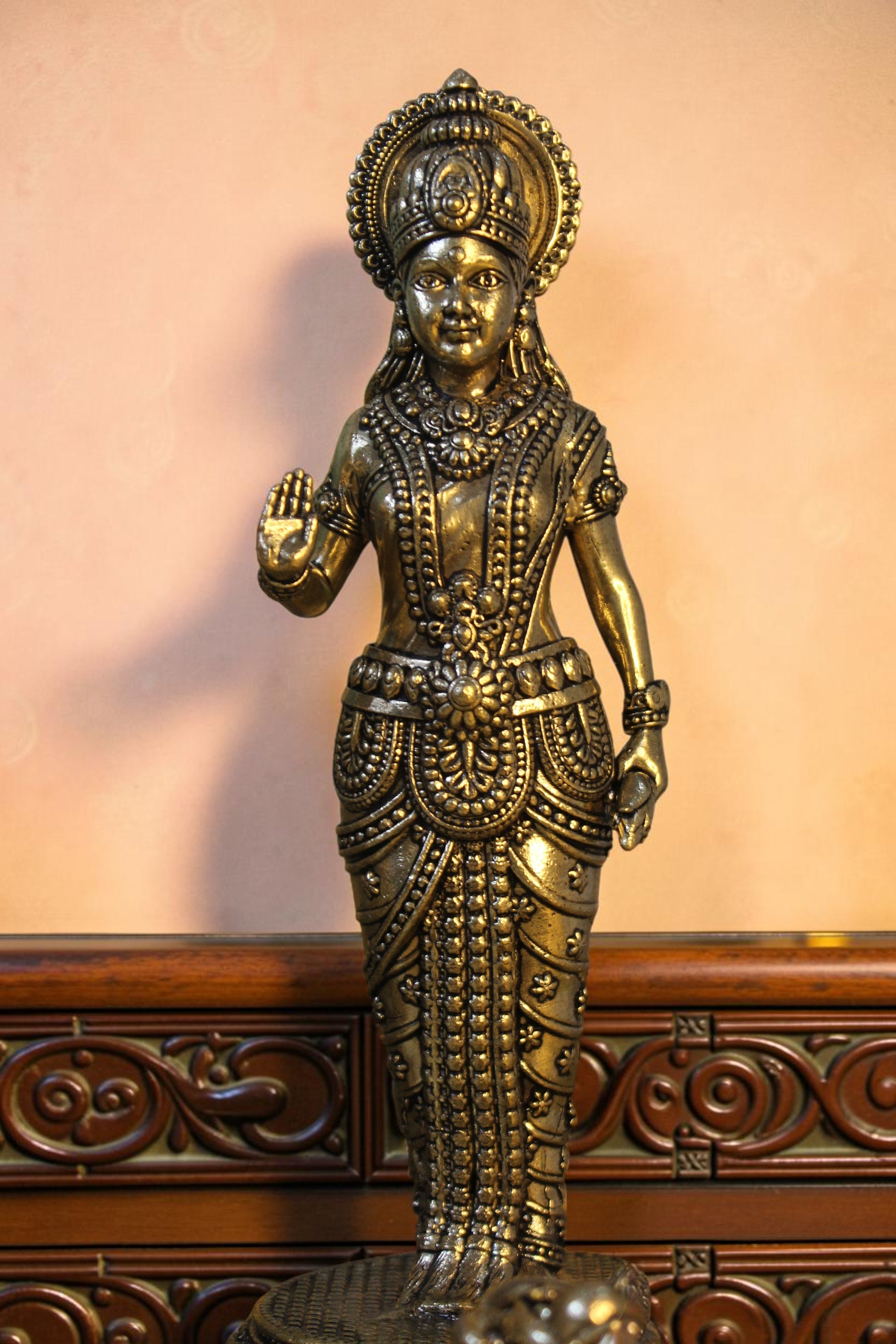 Rigvedaa™ antique brass Ram Darbar idol set featuring Sita, Ram, Lakshman, and Hanuman. Intricately detailed, 7-inch, for home altars and gifting.