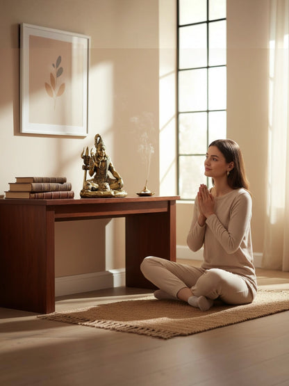 Rigvedaa™ antique gold Lord Shiva idol on a wooden table with a woman meditating on a rug in a serene living room.