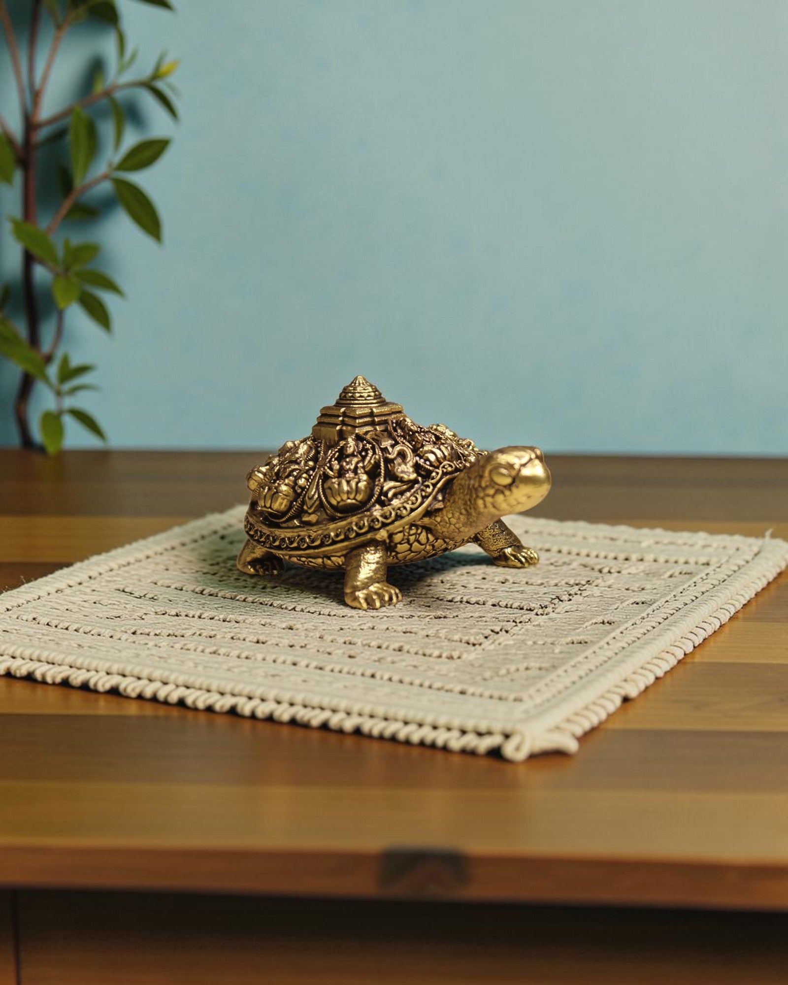 Rigvedaa brass Ashta Lakshmi tortoise with Shree Yantra, intricate carvings, golden patina, Vastu Feng Shui decor