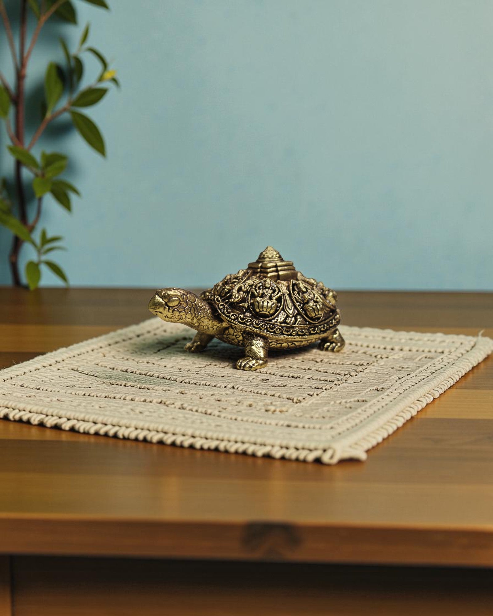 Rigvedaa brass Ashta Lakshmi tortoise with Shree Yantra, intricate carvings, golden patina, Vastu Feng Shui decor