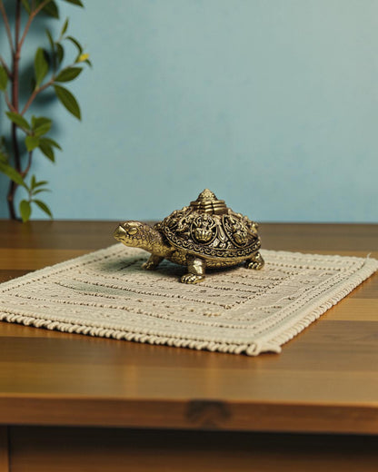 Rigvedaa brass Ashta Lakshmi tortoise with Shree Yantra, intricate carvings, golden patina, Vastu Feng Shui decor