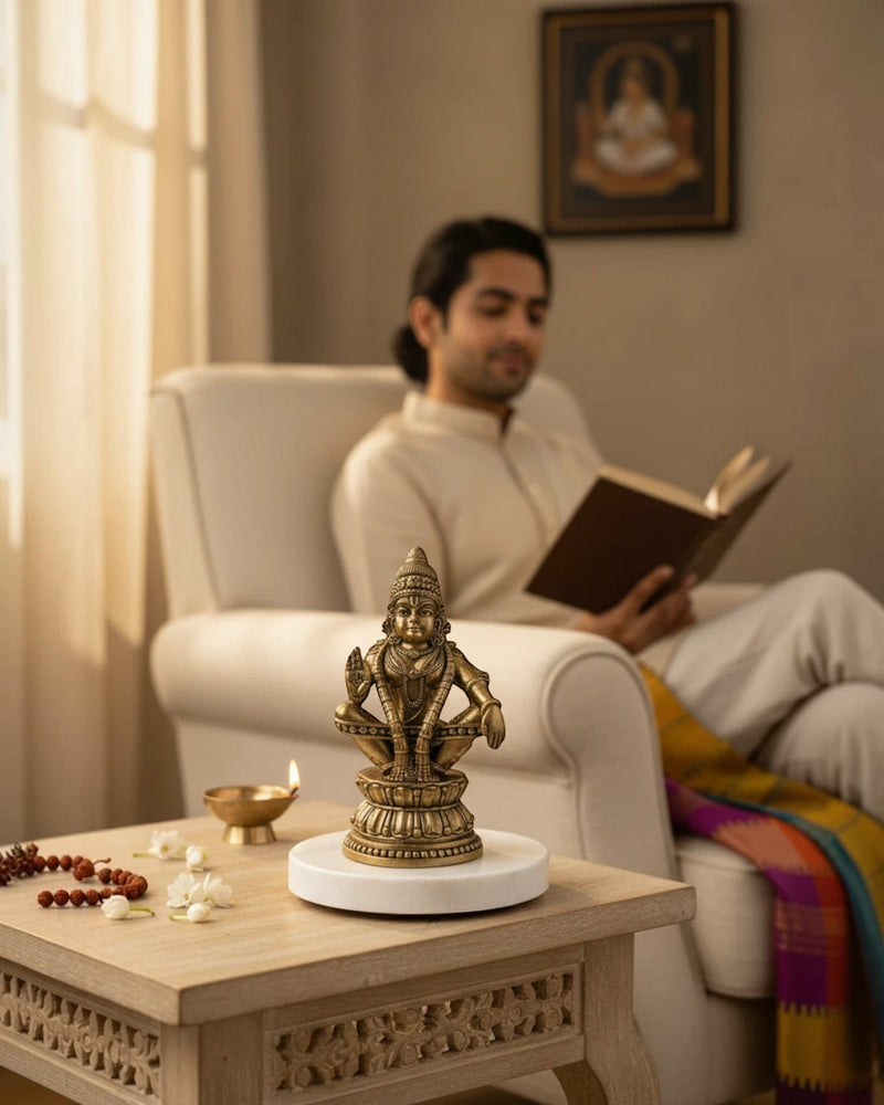 Rigvedaa

Brass Lord Ayyappan statue in yogic posture, antique gold finish, 4.75 inches. Ideal for puja rooms.