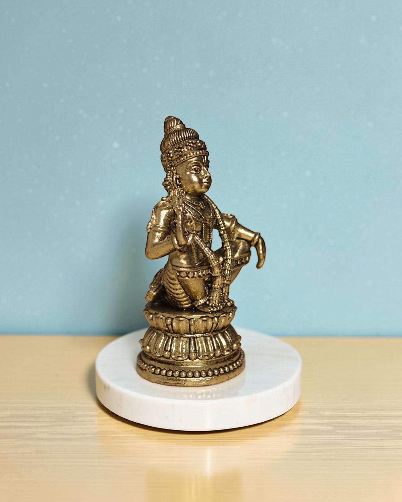 Rigvedaa™ Brass Lord Ayyappan statue in yogic posture on lotus base, antique gold finish, 4.75 inches.