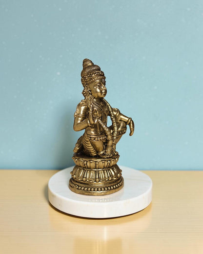 Rigvedaa™ Brass Lord Ayyappan statue in yogic posture on lotus base, antique gold finish, 4.75 inches.