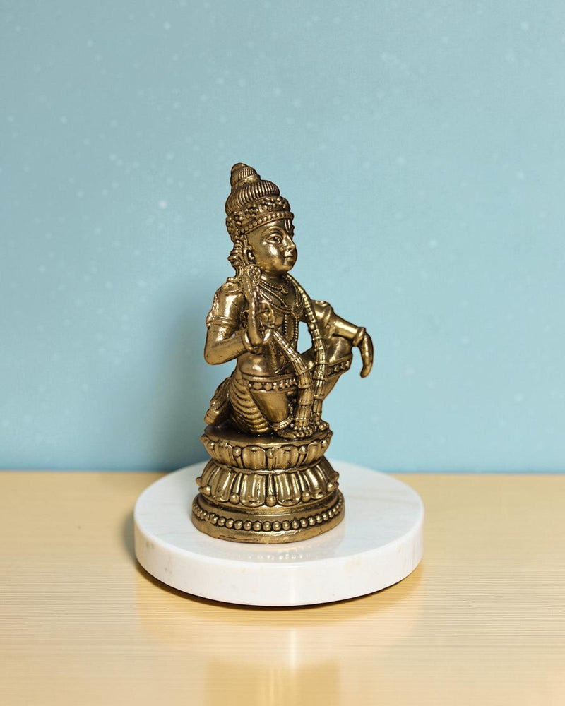 Rigvedaa™ Brass Lord Ayyappan statue in yogic posture on lotus base, antique gold finish, 4.75 inches.
