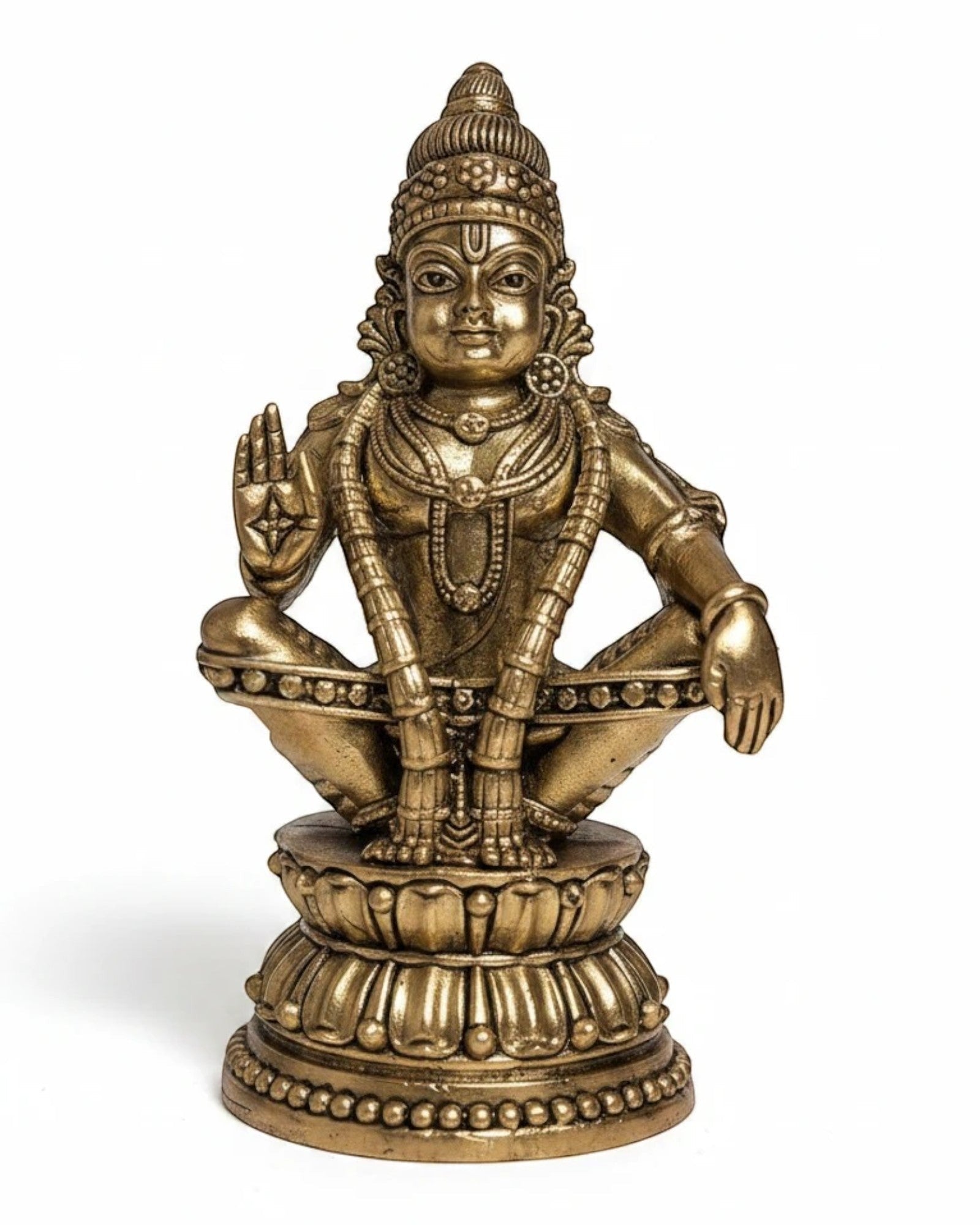 Rigvedaa™ Brass Swami Ayyappan Dharma Sastha statue in yogic posture, antique gold finish, 4.75 inches.