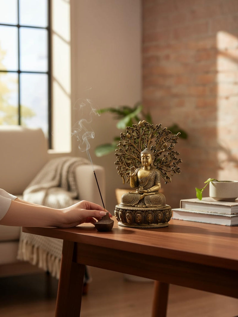 Rigvedaa™ brass Buddha statue in meditation pose under a Bodhi tree on a wooden table with incense smoke