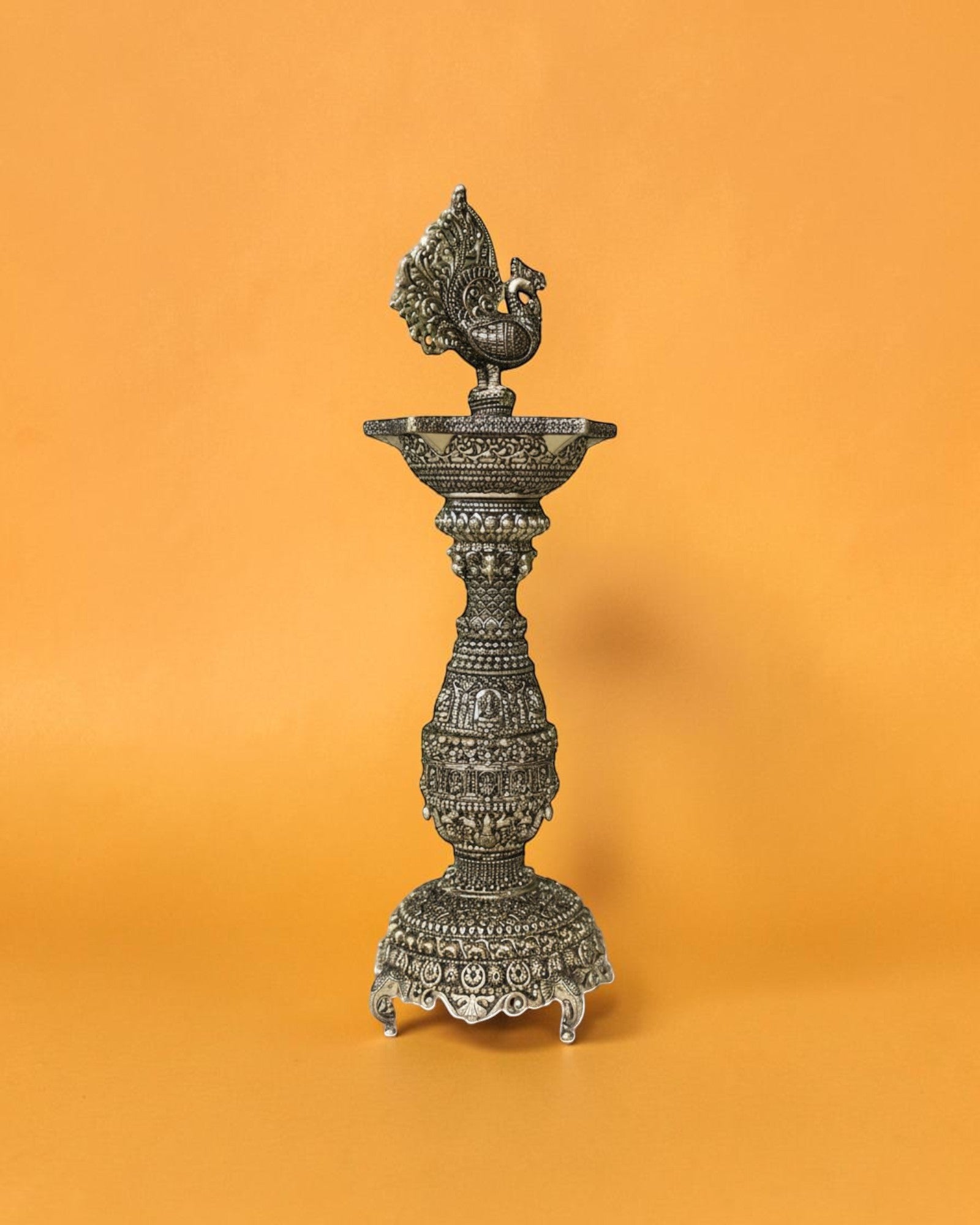 Rigvedaa brass Annam Pakshi Samai Diya stand, 12 inches, antique gold finish, traditional Indian Pooja decor