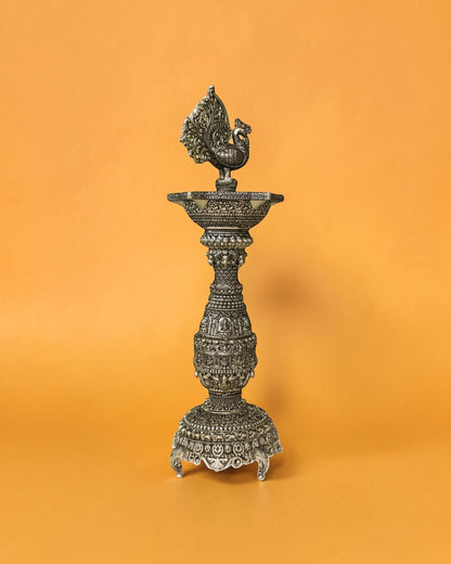 Rigvedaa brass Annam Pakshi Samai Diya stand, 12 inches, antique gold finish, traditional Indian Pooja decor