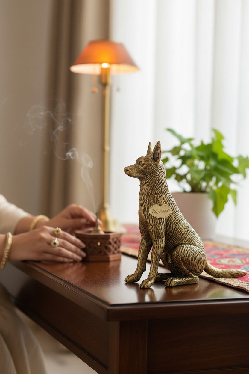 Rigvedaa™ brass dog idol, sitting alert with golden finish. Symbolizes loyalty and protection.